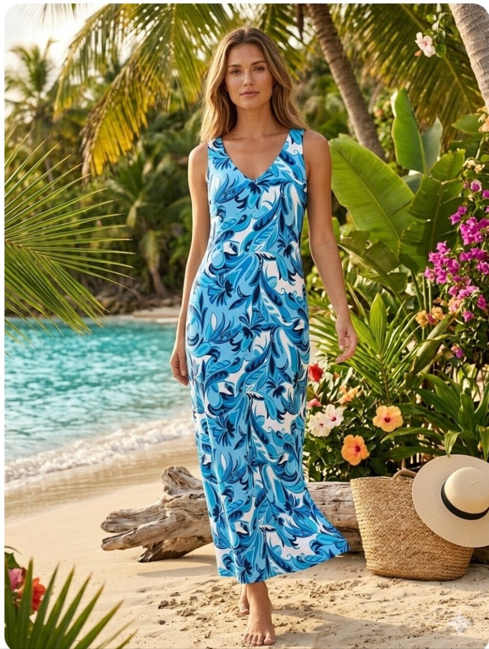 Blue & White Floral Maxi Dress Resort Vacay Coastal Wedding Sunday Funday